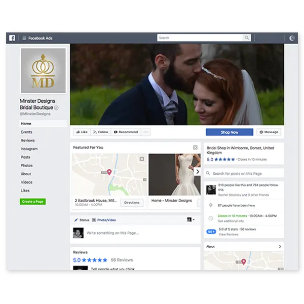 Minster Designs Bridal Boutique facebook page